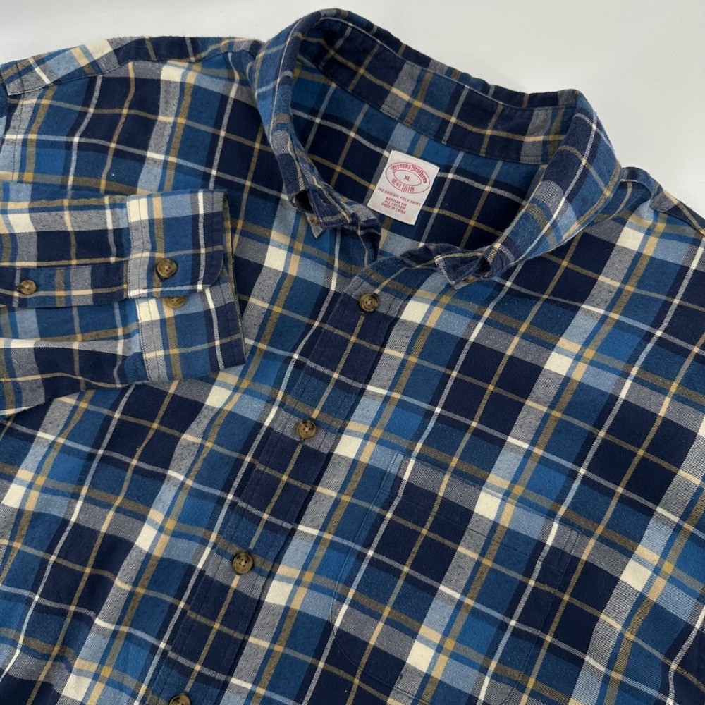 Brooks Brothers Flannel Shirt Mens XL Blue Plaid Regular Fit Button Down Cotton